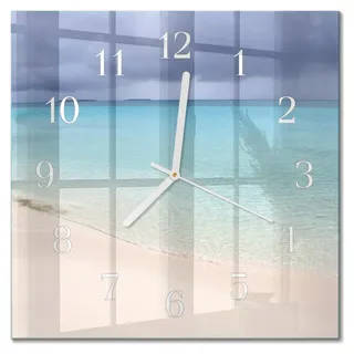 Tulup Glasuhr Wanduhr Küchenuhr Echt-Glas 30x30 cm Modern Dekorativ Geräuschlos Weiße Zeiger - Strand - Blau