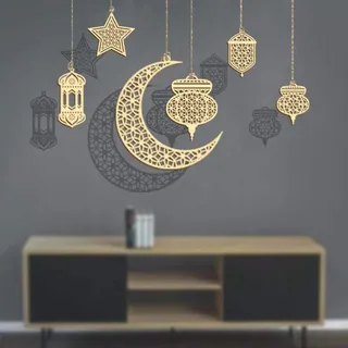 Holz Anhänger Ornament 6 Stück Ramadan Kareem Dekoration, Halbmond Sterne Stil Licht Form Ramadan Eid Mubarak Dekorationen