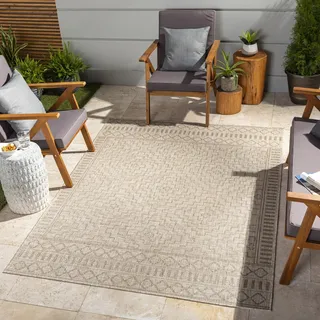 Livabliss Salema wetterfest Outdoor Design 160X213 cm – Boho Stil für Balkon, Terrasse, Garten & Küche, pflegeleicht & langlebig – Hellbeige
