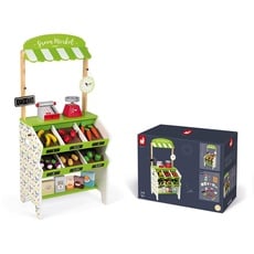 Janod - Green Market Wooden Grocery for Children - 32 Accessories Included - Shopping Pretent Play Toy - For children from the Age of 3, J06574, Green and White