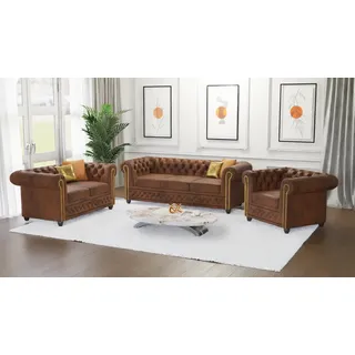 Vibe - Chesterfield Polstergarnitur mit Schlaffunktion 3+2+1 aus Braun Vintage Optik Microfaser mit Holzfüßen, B/T/H: 3er - 203 cm/ 86 cm / 72 cm - Braun