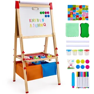 Vevor Kunststaffelei für Kinder, 3-in-1-Kunststaffelei aus Holz, doppelseitig, mit magnetischem Whiteboard, Kreidetafel, Papierrolle, verstellbarem Zeichenbrett mit Malzubehör, für Kinder ab 3 Jahren