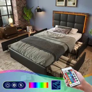Flieks Polsterbett 90x200cm mit 4 Schubladen, Einzelbett Jugendbett mit LED, Stauraumbett Holzbett Funktionsbett mit Lattenrost, PU, Schwarz - Schwarz
