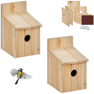Relaxdays Nistkasten Bausatz für Vögel, 2er Set, 35 mm Einflugloch, HBT 23x14x18 cm, Vogelhaus selber Bauen, Holz, Natur