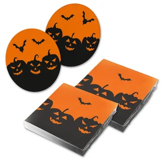 itenga 40x Serviette Halloween schwarz orange mit 40x Bierdeckel Set - Schwarz, Orange
