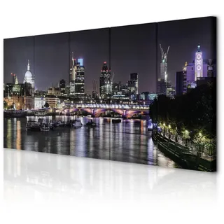 decomonkey Bilder New York 200x80 cm 5 Teilig Leinwandbilder Wandbild Stadt | Bild auf Leinwand, Kunstdruck, Wanddeko, Wohnzimmer, Wanddekoration, Panorama, Nacht