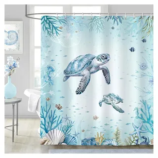 Duschvorhang Meeresschildkröte Blauer Ozean Maritim 180x180cm, Waschbar Polyester Stoff mit 12 Haken - Blau