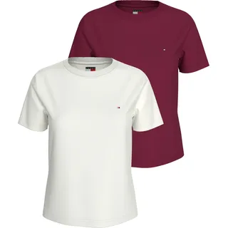 T-Shirt TOMMY JEANS "TJW 2PACK C-NECK TEE", Damen, Gr. XS (34), weiß (ecru, lavish cerise), Single Jersey, Obermaterial: 100% Baumwolle, unifarben, slim fit hüftlang, Rundhals, abgesteppt, Shirts T-Shirt, mit Logo-Stickerei