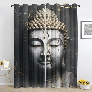 Schwarz Gold Marmor Buddha-Statue Vorhänge Orientalisch Meditation Blickdicht Vorhang, Thermo Gardinen mit Ösen Verdunklungsvorhänge für Wohnzimmer Schlafzimmer Fenster Deko 2er Set 200x140 cm