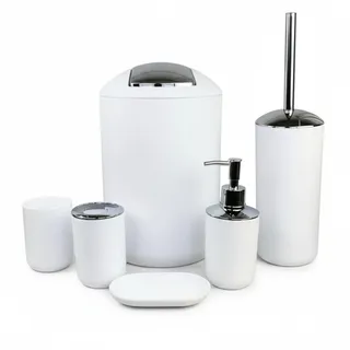 6tlg Badset Badezimmer Zubehör Set Organizer: Seifenspender, Zahnputzbecher, Kosmetikeimer, WC Bürste und Halter, Seifenschale, Mülleimer, Zahnbürstenhalter, Badgarnitur (Weiß Design 2)