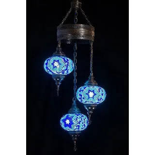 Türkische Hängelampe mit 3 blauen Glaskugeln – Orientalische Lampe für stimmungsvolle Beleuchtung - Blau, Dunkelblau