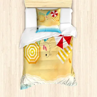 ABAKUHAUS Strand Bettbezug Set, Strand Wellen mit Regenschirm Handtücher und Surfen Board Themed Summer Season, 135 x 200 cm + 80 x 80 cm, Mehrfarbig