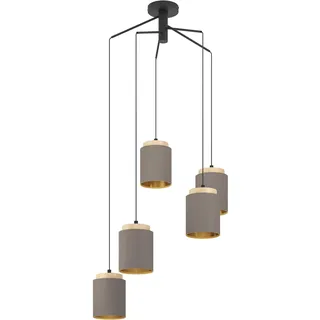 EGLO Pendelleuchte Albariza, 5 flammige Hängelampe Vintage, Hängeleuchte aus Stahl, Holz und Textil in Schwarz, Natur, Cappuccino, Gold, Esstischlampe, Wohnzimmerlampe hängend mit E27 Fassung