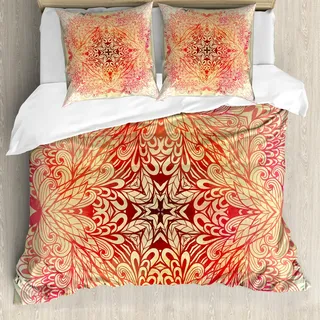 ABAKUHAUS Mandala Bettbezug Set, Hand gezeichnete Gekritzel-Art-Blumen-Wirbel-Efeu im quadratischen Form-Bild, 200 x 200 cm + 80 x 80 cm, Weiß Gelb Rosa