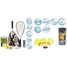 Speedminton® S900 Set – Original Speed Badminton/Crossminton Profi Set mit Carbon Schlägern inkl. 5 Speeder® & Night Speeder - 3er Pack leuchtende Speed Badminton/Crossminton Bälle inkl. Windring