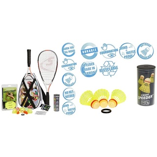 Speedminton® S900 Set – Original Speed Badminton/Crossminton Profi Set mit Carbon Schlägern inkl. 5 Speeder® & Night Speeder - 3er Pack leuchtende Speed Badminton/Crossminton Bälle inkl. Windring