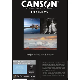 Canson Infinity Somerset Enhanced Watercolour White, digitales Fotopapier, 240 g/m2, gekörnt, naturweiß, Box, DIN A4 240G Weiß