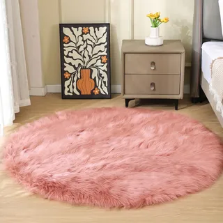 ORINOVA Teppich Rund Rosa 150 cm Flauschig Fellteppich Kunstfell Schlafzimmer Wohnzimmer Kuschelteppich Weich Bettvorleger Waschbar