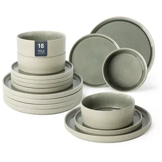 Geschirr-Set OTTO HOME "Ylvii, außen matt, innen reaktiv glasiert", reactive grün, 18, Steinzeug, Geschirr-Sets, Geschirr-Set, Riffeloptik, spülmaschinenfest und mikrowellengeeignet