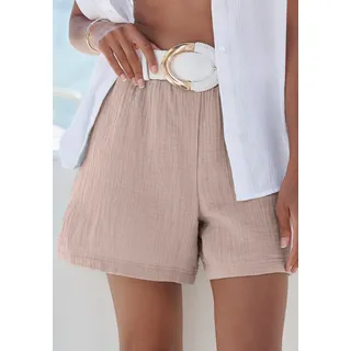 Webshorts BEACHTIME BY LASCANA "aus sommerlicher Musselinware", Damen, Gr. 36, N-Gr, beige (taupe), Web, Obermaterial: 100% Baumwolle, unifarben, figurumspielend ca. Mitte Oberschenkel, Hosen Webshorts, leichte Strandshorts, Sommerhose, Schlupfhose, Topseller
