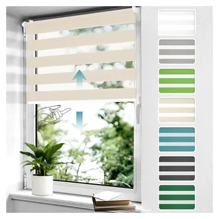 Doppelrollo schnurlos Klemmfix ohne Bohren Duo Rollos für Fenster und Tür, 65x120cm (BxH) Natur, Drücken und Ziehen Springrollos Klemmrollo ohne Schnur lichtdurchlässig und blickdicht