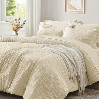 Luofanfei Seersucker Bettwäsche 135x200 Gestreift Sommer Beige Khaki | Kühlende Uni Muster Microfaser Atmungsaktiv Leicht Wende Bettwäscheset und Kissenbezug 80x80 cm mit Reissverschluss Bügelfrei