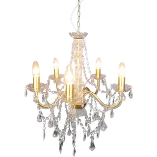 NÄVE Kronleuchter "Cecilia", E14, 1 Stk., 5flg., Kristallbehang aus Acryl, exkl. Leuchtmittel E14, D: ca. 52cm, gold, Kristalle, H: 85 cm Ø Gold