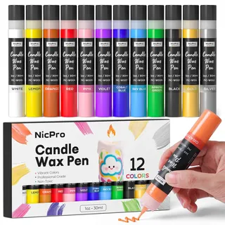 Nicpro Kerzenstifte 12 Farben X 30 ml, Wachsstifte für Kerzen, 3D Kerzenwachs Stift Inklusive Glitzer Silber Gold, Ungiftiges, Kerzenstifte zum Verzieren für Geburtstage, Ostern, Weihnachten Kerzen