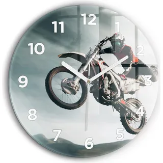 Wallfluent Große Wanduhr – Stilles Quarzuhrwerk - Uhr Dekoration Wohnzimmer Schlafzimmer Küche - Zifferblatt - weiße Zeiger - 60 cm - Motorrad im Adrenalin-Stil - Grau