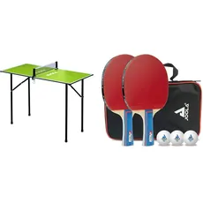 Joola Unisex – Erwachsene Mini Tischtennisplatte 19104, Green, 90х45х76 & 54820 Tischtennis-Set Duo Bestehend aus 2 Tischtennisschläger+3Tischtennisbälle+1Aufbewahrungstasche,Mehrfarbig,OneSize