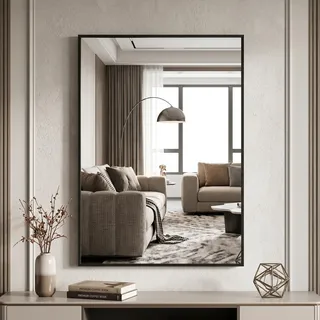 BEAUTYPEAK 76x51cm Rechteckiger Wandspiegel, Badezimmerspiegel mit schwarzem Aluminiumrahmen, Bruchsicherer Wandspiegel für Bad, Schlafzimmer, Wohnzimmer, Rectangular Bathroom Mirror