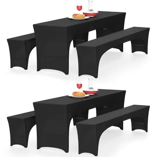 Alishomtll Zwei 3er-Set Elastisch Biertischhussen, Stretch Bierzeltgarnitur für 50cm Tischbreite, Bierbankhussen Bankgarnitur für Biertisch und Bierbank Bankett Gartenmöbel-Bezüge, 220x50cm Schwarz