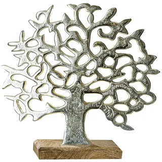 Gilde Aluminium Lebensbaum auf Holzbasis Silber Mango 37 cm G48183