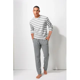 Pyjama H.I.S, Herren, Gr. 44/46 (S), grau (grau, creme), Jersey, Obermaterial: 60% Baumwolle, 40% Polyester, gestreift, Basic, lang, Rundhals, abgesteppte Kante, Homewear-Sets Pyjama, Schlafanzug mit garngefärbten Streifen