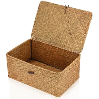 Cexovo Aufbewahrungskorb Aus Geflochtenem Rattan,Storage Basket Aufbewahrungsbox mit Deckel Seegras Wäschekörbe Handgewebt Schreibtisch Make-up-Organizer Regalkörbe für Badezimmer,Wohnzimmer,Küche
