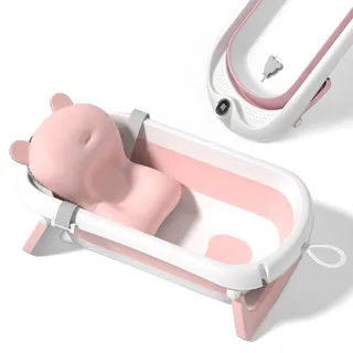 SUPERBE BEBE Faltbar Baby Badewanne Mit Rutschfestem Badekissen - Babywanne XXL Mit Baby Badewannensitz & Badethermometer - Von Der Geburt Bis 3 Jahre - Baby Bathtub - Geburtsgeschenke Für Mädchen & Jungen