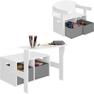 Lestarain Kindertisch mit Sitzbank Kinderzimmer Set Spieltisch, Weiß + Grau | Kindersitzgruppe mit Stauraum, 2 in 1 Kindermöbel, Kindertruhenbank mit Aufbewahrungsboxen, für Kinderzimmer Spielzimmer
