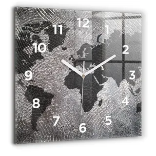 Wallfluent Große Wanduhr – Stilles Quarzuhrwerk - Uhr Dekoration Wohnzimmer Schlafzimmer Küche - Zifferblatt - weiße Zeiger - 60 cm - Weltkarte aus Beton - Grau