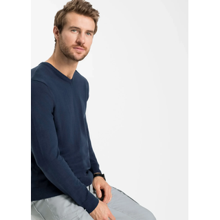 Strickpullover BONPRIX "Feinstrickpullover in Regular Fit", Herren, Gr. 48/50 (M), blau (dunkelblau), Strick, Obermaterial: 70% Baumwolle, 30% Polyamid, unifarben, regular fit hüftlang, V-Ausschnitt, Strickbündchen, Pullover Strickpullover, aus Feinstrickmaterial, mit V-Ausschnitt, Regular Fit