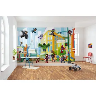 KOMAR Vlies Fototapete - Spidey Sightseeing Tour with Friends- Größe 400 x 250 cm - Kinderzimmer, Tapete, Kindertapete