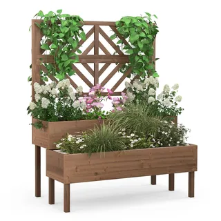 COSTWAY Blumenkasten mit Spalier aus Tannenholz, Pflanzkübel mit Sichtschutz, Pflanzkasten für Kletterpflanzen, Hochbeet mit Rankgitter & Drainageloch, Blumenkübel für Garten Hof Balkon (Braun)