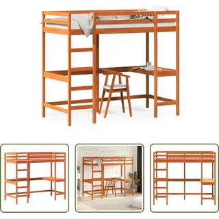 The Living Store Hochbett mit Schreibtisch Wachsbraun 90x190cm Massivholz Kiefer - Braun