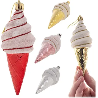 KADAX Weihnachtskugeln aus Kunststoff, Eiscreme, 4 Stück - Rot, Silber, Rosa, Gold