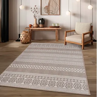 TT Home In-& Outdoor Teppich Wetterfest Balkon Küche Wohnzimmer Boho Rauten Design Größe 60x100 cm - Beige