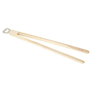 Grillzange aus Holz - Fleischzange lang 43 cm - ausgefallenes BBQ Grillzubehör mit Flaschenöffner - Natur