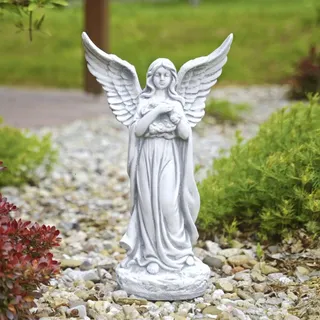 Massive Steinfigur Engel mit Flügel Gartendeko Grabdeko aus Steinguss frostfest - grau - 27 cm X 46 cm X 15 cm