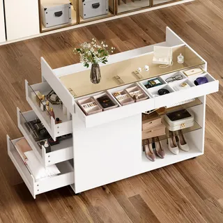 Merax Schminktisch mit Glasplatte auf Rollen, Sideboard mit 5 Schubladen, Multifunktional Kommode mit Stauraum, Fächereinteilung, 110x60x79 cm, Weiß - Weiß