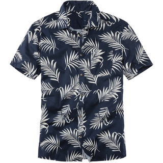 Hawaiihemd JOHN DEVIN "sommerliches Kurzarmhemd mit großem Palmen Druck", Herren, Gr. XL (43/44), N-Gr, blau (navy, creme), Web, Obermaterial: 100% Baumwolle, gemustert, regular fit, Rundhals, abgesteppte Kante, Hemden Hawaiihemd, Kurzarm, Freizeithemd mit Palmenprint aus reiner Baumwolle, Topseller