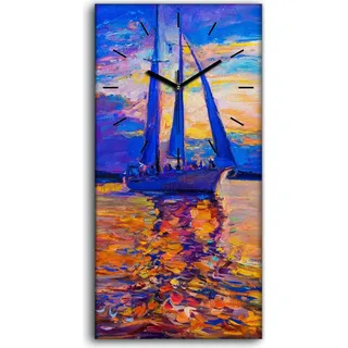 Wanduhr Leinwand Bild Uhr Geräuschlos 30x60 Meer Wasser Schiff Segel bunte - schwarze Hände - Orange