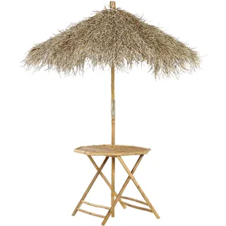 Beliani Garten Beistelltisch mit Sonnenschirm Bambusholz Seegras Molise , Holz , Rund , 85x76x85 cm , Gartenmöbel, Gartentische